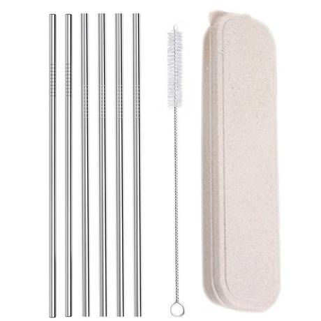 Szívószál szett tokkal tisztító kefével,6 db egyenes acél 6mm x 215 mm