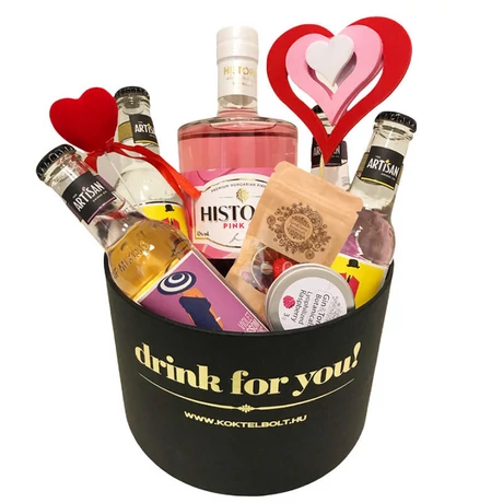 Valentin napi Historia Pink Gin szett fekete kerek díszdobozban 0,7L